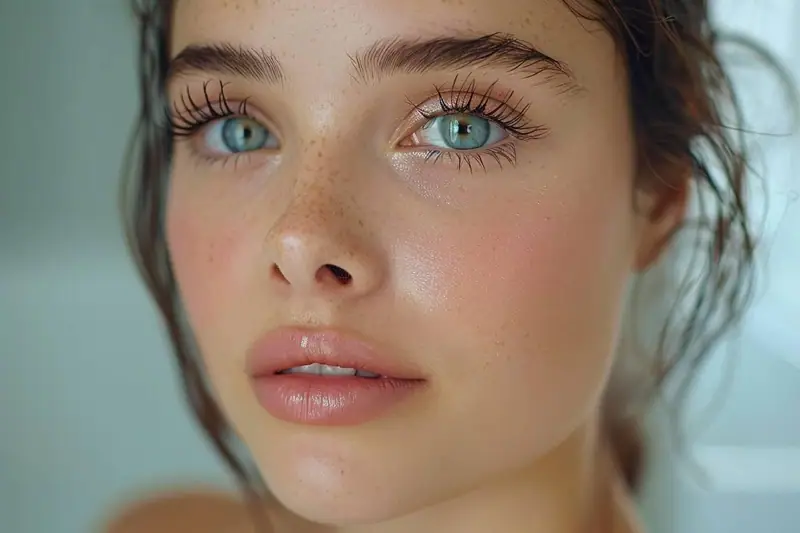 Gros plan d’un visage aux yeux bleus, cils foncés et lèvres légèrement rosées