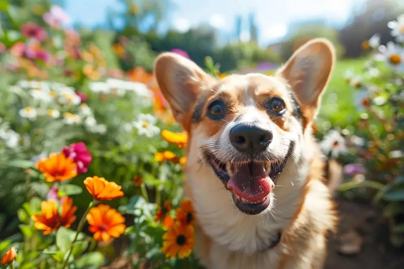 Chien aux grandes oreilles dressées, gueule ouverte, assis parmi des fleurs orange et roses