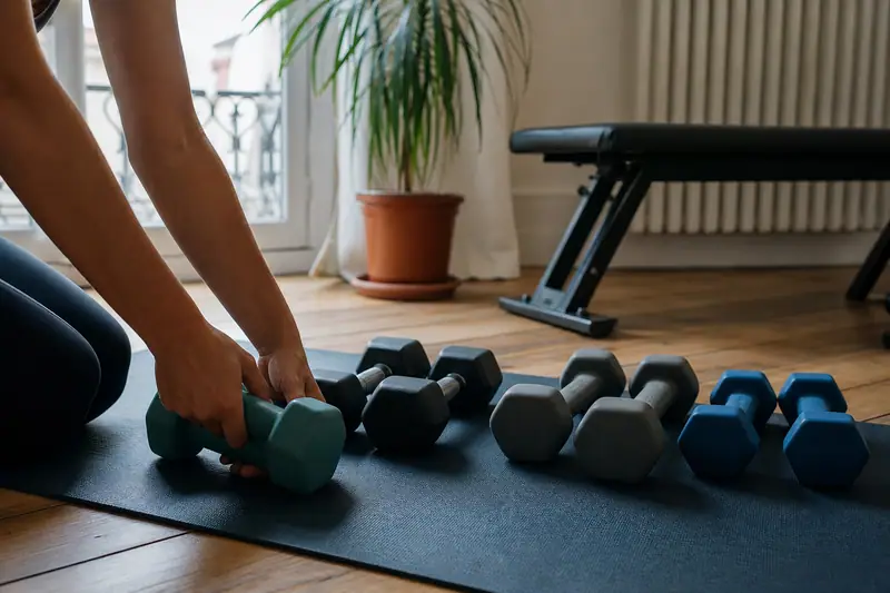Une personne saisit des haltères sur un tapis, devant plusieurs paires alignées au sol