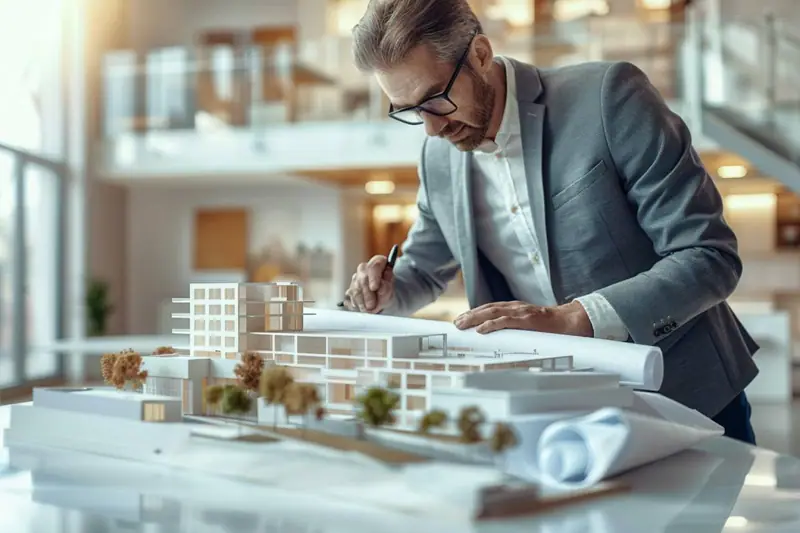 Homme en veste grise dessinant sur des plans près d’une maquette blanche de bâtiment