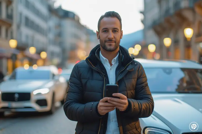 Un homme en doudoune noire tient un téléphone devant deux voitures stationnées en ville