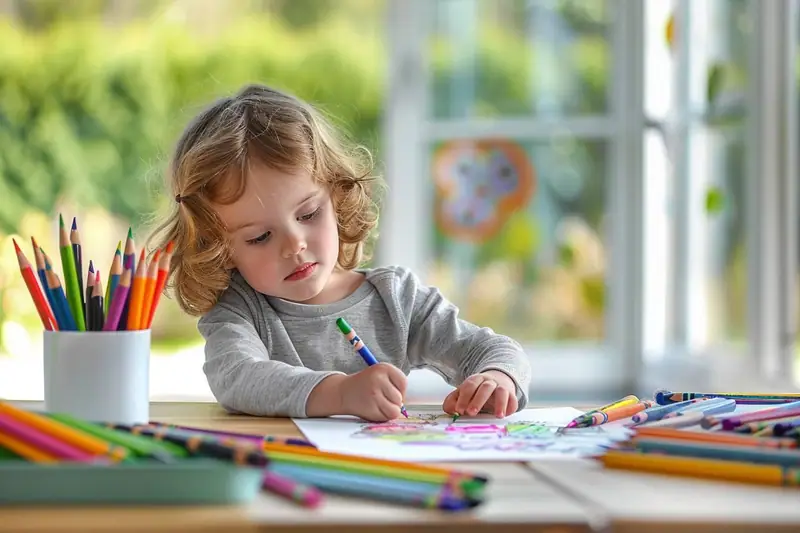 Une enfant dessine sur une feuille blanche avec un crayon bleu, entourée de crayons de couleur