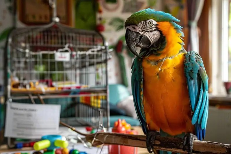 Un ara bleu et jaune perché devant une cage et des documents posés sur une table