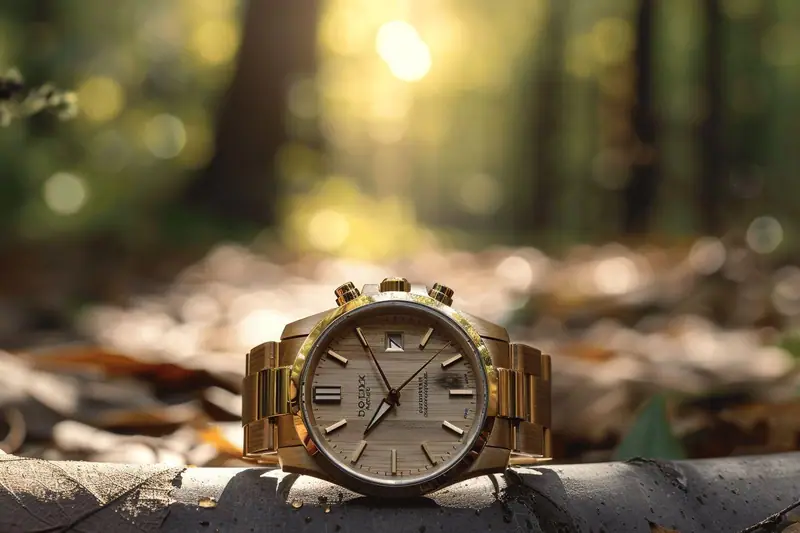 Montre-bracelet en bois posée sur une branche au sol dans une forêt ensoleillée