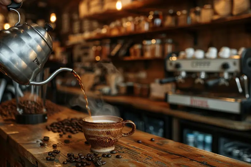 Une bouilloire verse du café dans une tasse brune posée sur un comptoir en bois
