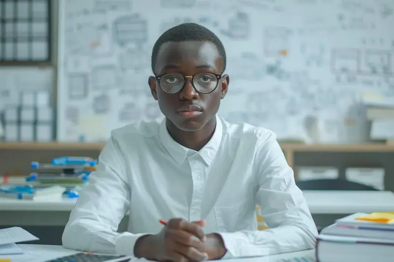 Un élève en chemise blanche tient un stylo devant des cahiers et des feuilles sur une table