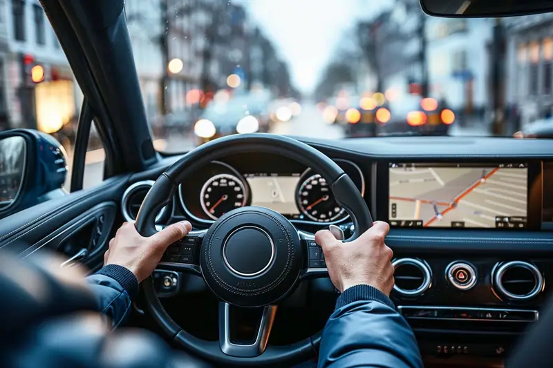 Mains sur le volant d’une voiture, tableau de bord et navigation affichée dans une rue urbaine floue
