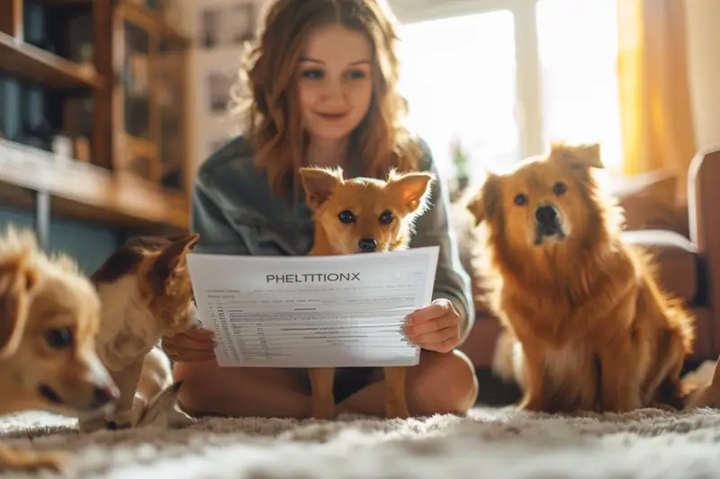 Une femme lit un document assise au sol, entourée de quatre chiens dans un salon lumineux