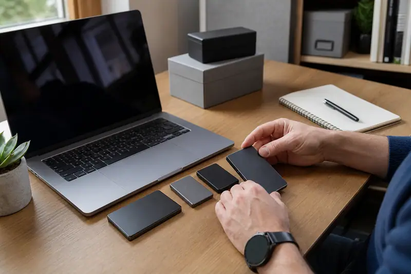 Une personne manipule un boîtier noir près d'un ordinateur portable et de plusieurs appareils rectangulaires sur un bureau en bois