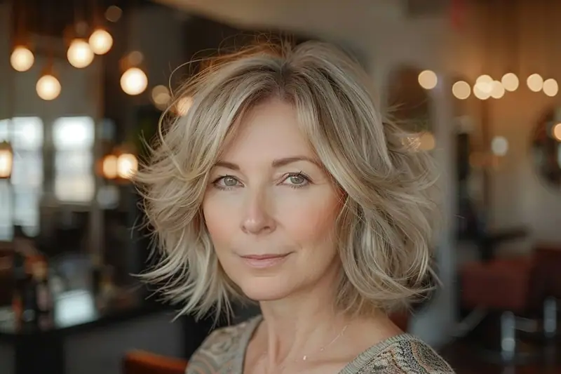 Femme aux cheveux gris-blond ondulés, cadrée en portrait devant des lumières floues de salon