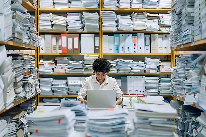 Une personne consulte un ordinateur portable au milieu d’étagères remplies de dossiers et de papiers empilés