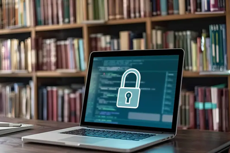 Ordinateur portable ouvert sur une table, avec un cadenas blanc affiché devant des lignes de code floues