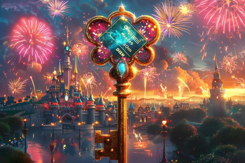 Clé dorée ornée d’un billet turquoise devant un château illuminé et des feux d’artifice