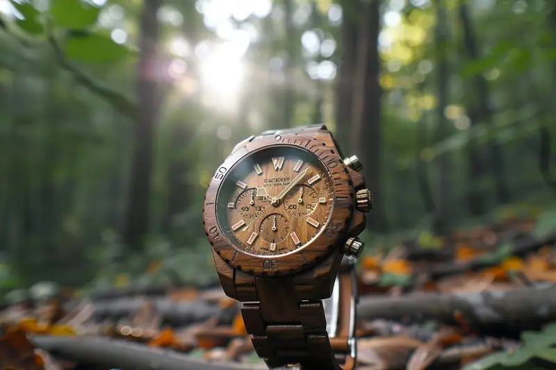 Montre-bracelet marron posée sur un tronc, avec un cadran rond devant une forêt floue