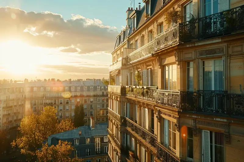 Immeuble parisien en pierre avec balcons en fer forgé éclairés par le soleil couchant