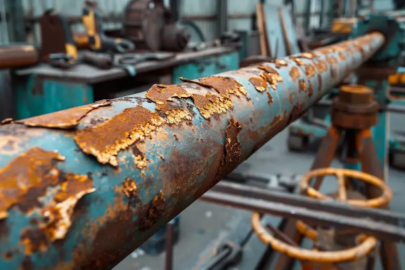 Long tube métallique bleu-vert couvert de plaques de rouille orangée dans un atelier industriel