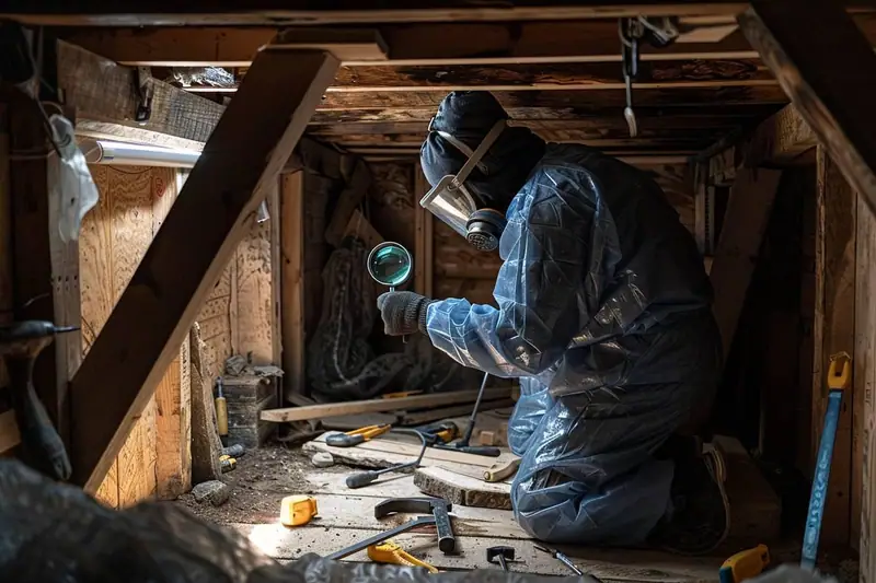 Personne en combinaison bleue inspectant une cave en bois avec une loupe éclairée