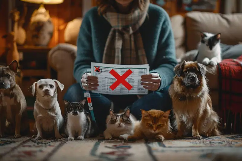 Une personne assise tient un document barré d’une croix rouge, entourée de chiens et chats