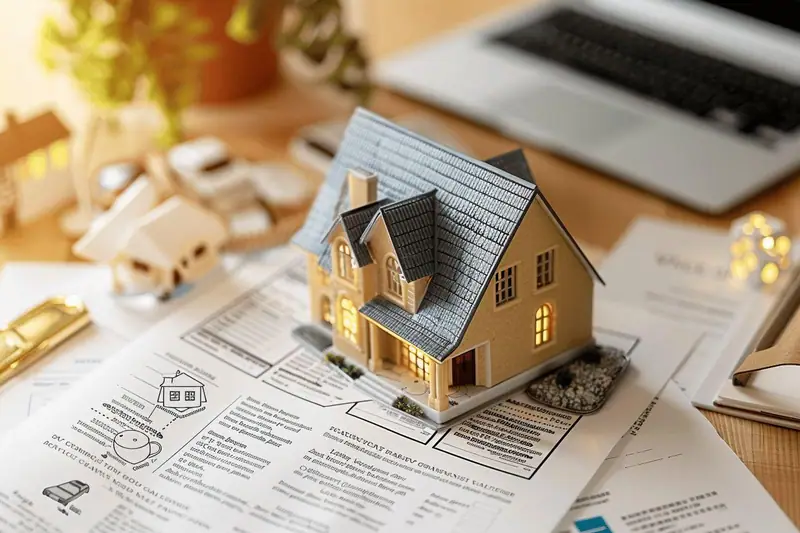 Maquette de maison posée sur des documents, près d’un ordinateur portable et de clés