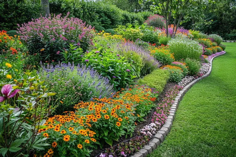Massif fleuri multicolore bordé de pierres grises le long d’une pelouse verte