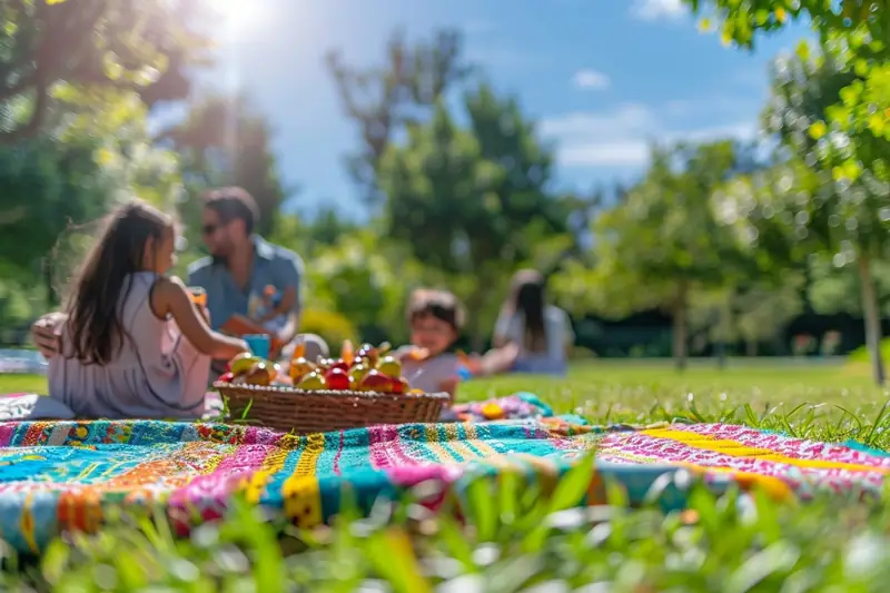 Des personnes assises sur une couverture colorée partagent un pique-nique dans un parc ensoleillé