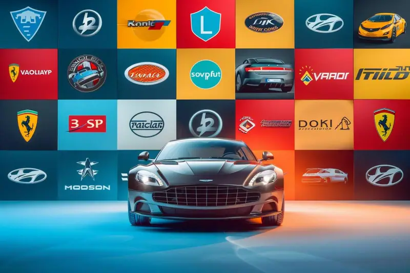 Voiture de sport grise devant une mosaïque colorée de logos automobiles stylisés
