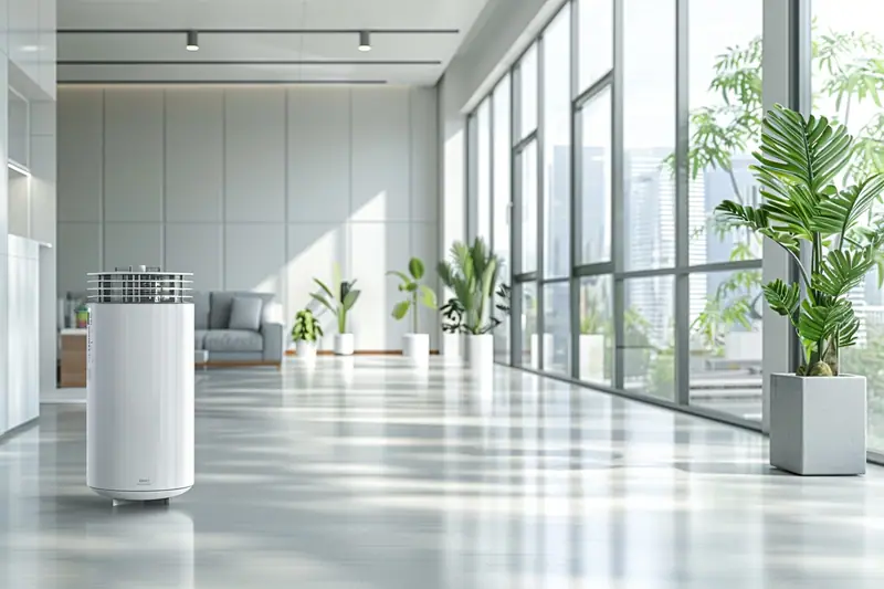 Appareil blanc cylindrique dans un salon lumineux aux baies vitrées, entouré de plantes en pots