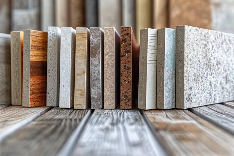 Échantillons rectangulaires de panneaux texturés alignés sur une surface en bois striée