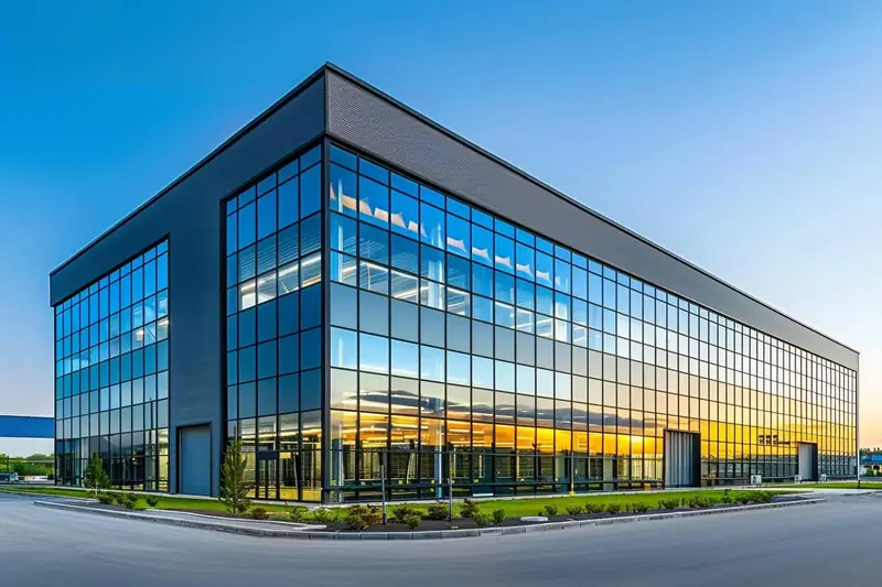 Bâtiment industriel moderne aux façades vitrées reflétant un ciel bleu et la lumière du coucher du soleil