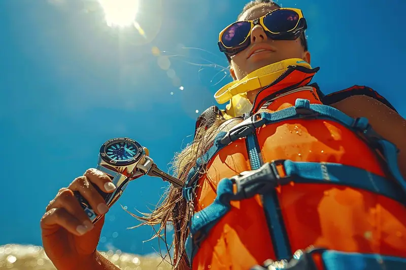 Personne portant gilet de sauvetage orange, lunettes de soleil et montre, sous un ciel bleu ensoleillé