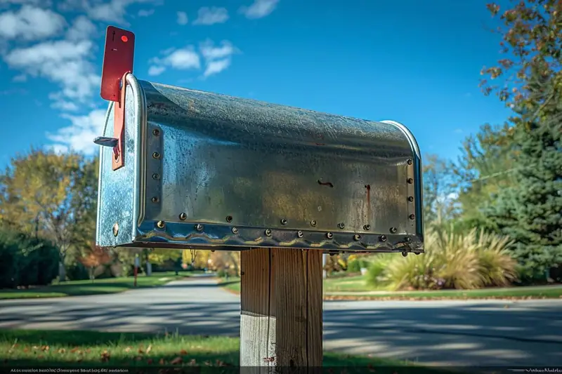 Boîte aux lettres métallique grise fixée sur un poteau en bois, drapeau rouge relevé