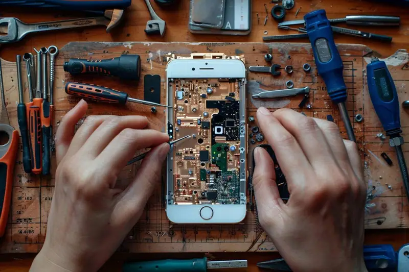 Deux mains manipulent un smartphone ouvert entouré de tournevis, pinces et petites vis sur un établi