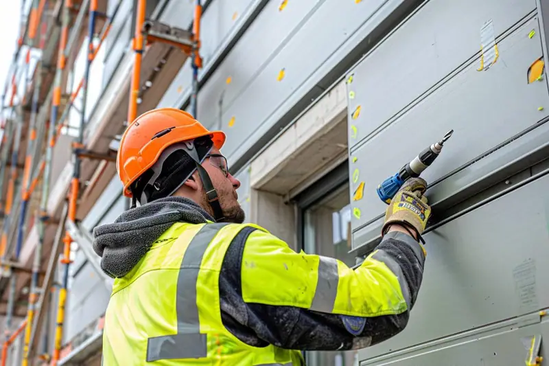 Un ouvrier casqué utilise une perceuse sur des panneaux gris fixés à une façade