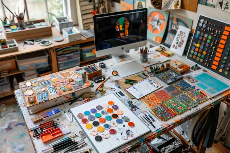 Un bureau encombré de dessins colorés, outils, badges, écrans et fournitures de création