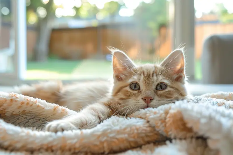 Chaton roux aux yeux verts allongé sur une couverture épaisse devant une fenêtre