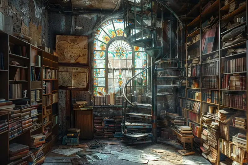 Bibliothèque encombrée de livres autour d’un escalier en colimaçon devant une grande verrière colorée
