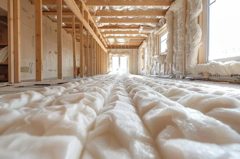 Mousse isolante blanche expansée recouvrant le sol d’une pièce en travaux à ossature bois