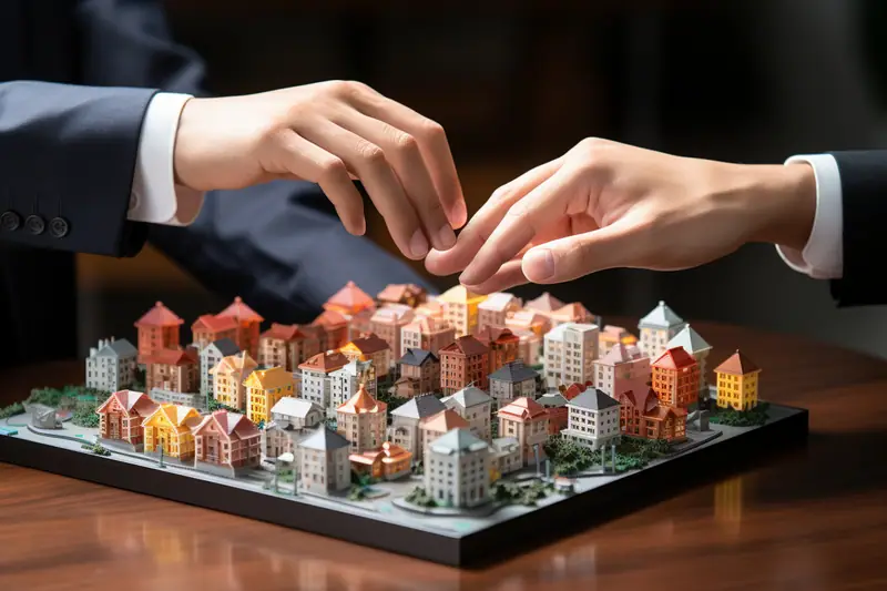 Deux personnes placent une petite maison sur une maquette urbaine posée sur une table en bois