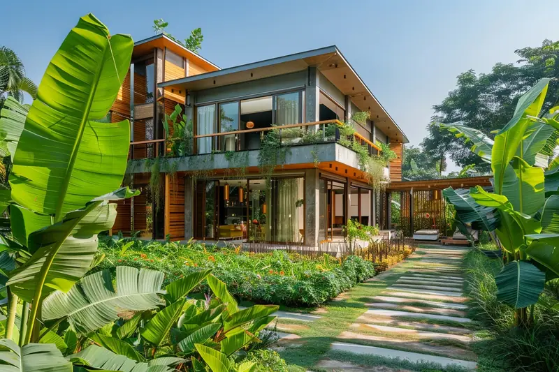 Maison moderne en bois et verre entourée de plantes tropicales, avec un chemin de dalles vers l’entrée