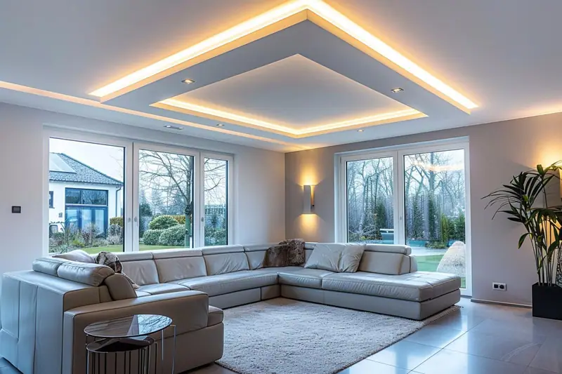Faux plafond lumineux encadrant le salon avec canapé d’angle gris et grandes baies vitrées