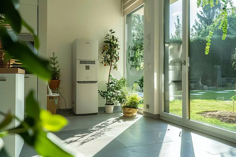Appareil blanc sur pied dans un salon lumineux, près de plantes et d’une baie vitrée ouverte sur le jardin