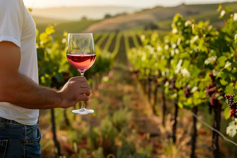 Un homme tient un verre de vin rosé devant des rangées de vignes chargées de raisins