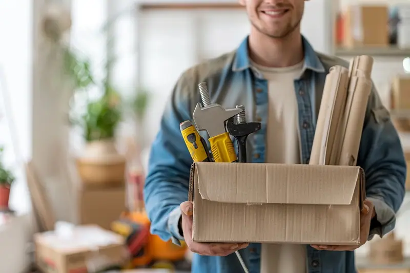 Un homme souriant tient un carton rempli d’outils et de planches de bois