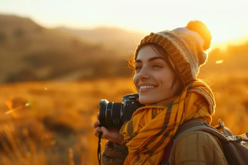 Une femme souriante tient un appareil photo dans un paysage vallonné au soleil couchant