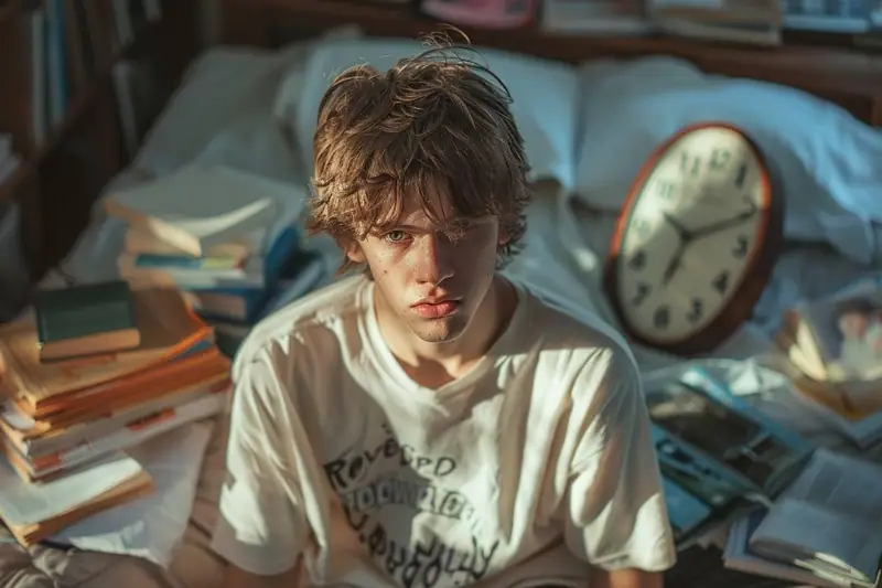 Un adolescent assis sur un lit regarde l’objectif, entouré de livres et d’un réveil géant