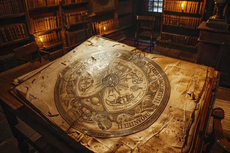 Grande carte ancienne ornée d’un cercle gravé posée sur une table dans une bibliothèque sombre