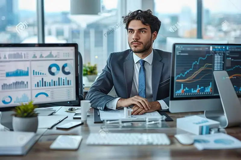 Un homme en costume est assis devant deux écrans affichant des graphiques et diagrammes colorés