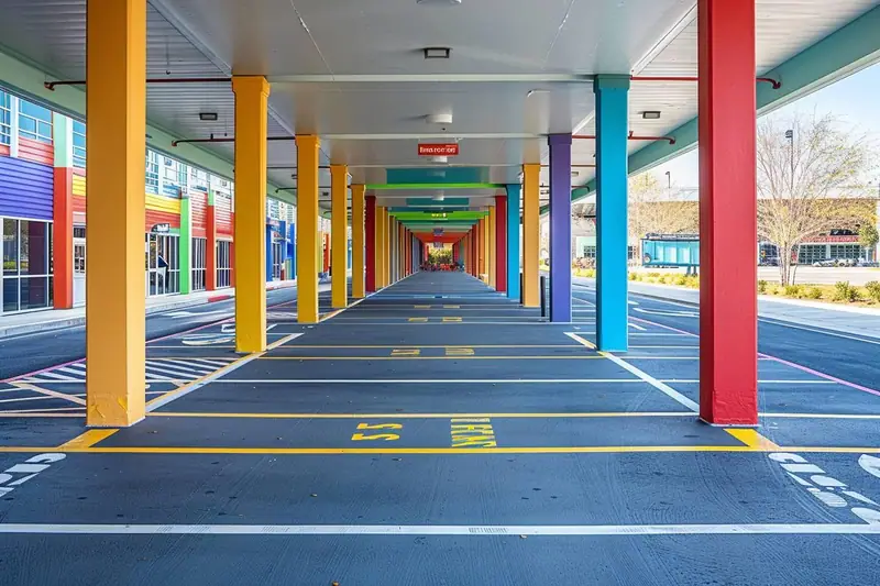 Rangées de poteaux colorés encadrant des places de stationnement vides sous un auvent
