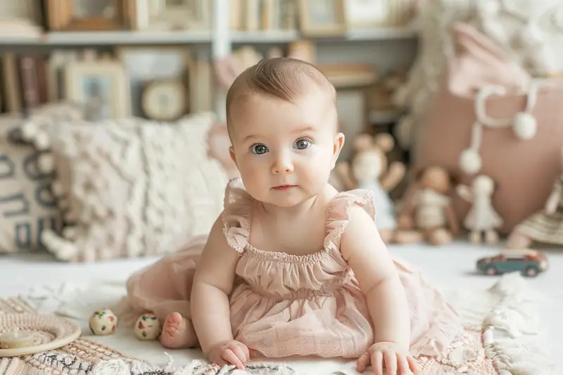 Un bébé en robe rose est assis sur un lit parmi des jouets et coussins