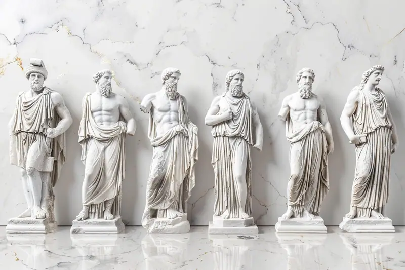 Six statues masculines blanches drapées sont alignées devant un mur de marbre clair
